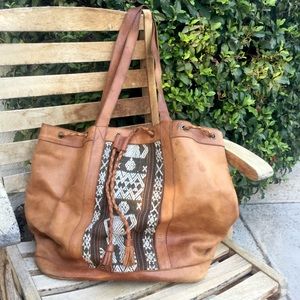 Large Vintage Leather Boho Hobo Shoulder Bag with woven geometric design